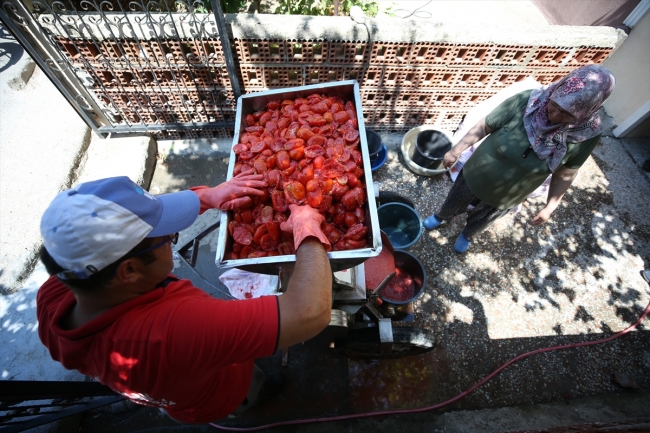 Hız çifti, seyyar salça makineleriyle evlere hizmet sunuyor